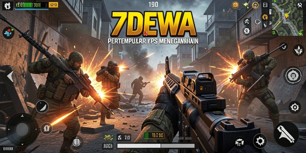 Tampilan gameplay seru dalam pertempuran FPS 7DEWA.