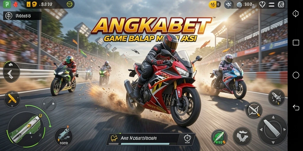 Tampilan gameplay ANGKABET dengan motor balap yang cepat dan lintasan menantang.
