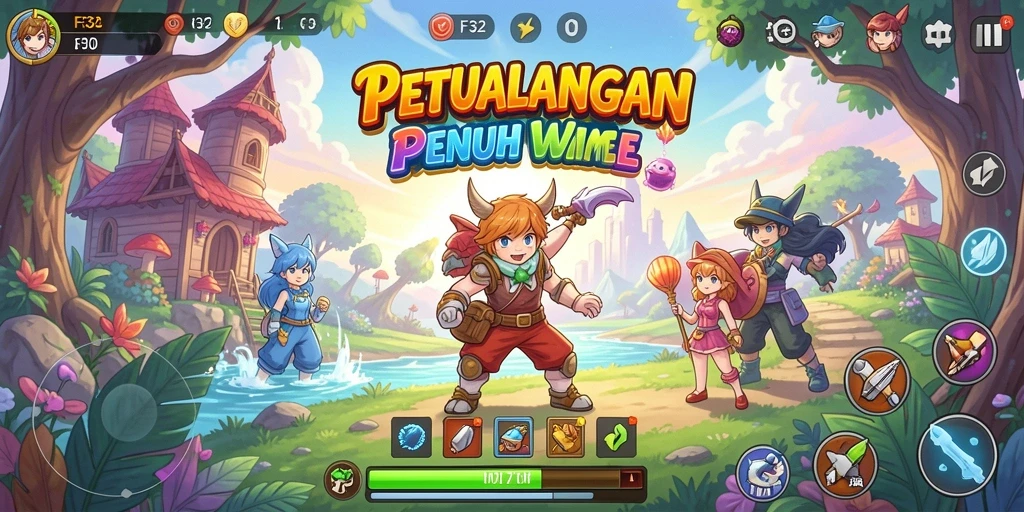 Gameplay F32 dengan karakter Anime yang berwarna-warni dan beraksi.