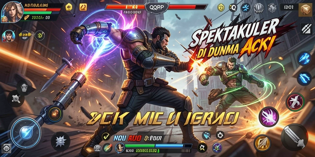 Screenshot permainan QQRP menampilkan pertarungan penuh aksi dengan karakter menarik.