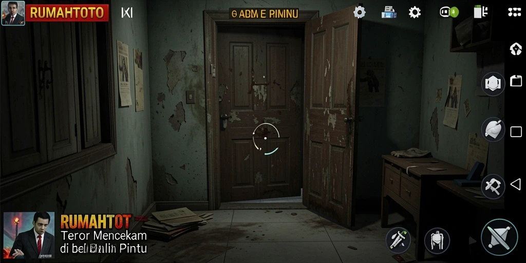 Tangkapan layar RUMAHTOTO menampilkan suasana menyeramkan dalam gameplay.